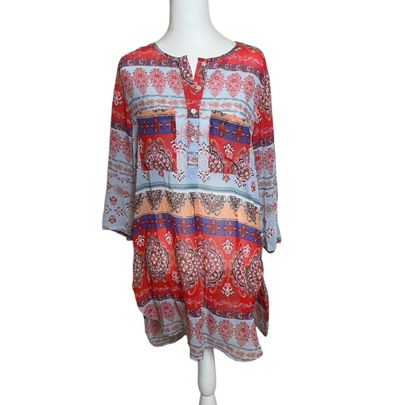 Fig & Flower Red Blue Sheer Popover Tunic Overlay Large Bohemian Lightweight - Picture 1 of 10